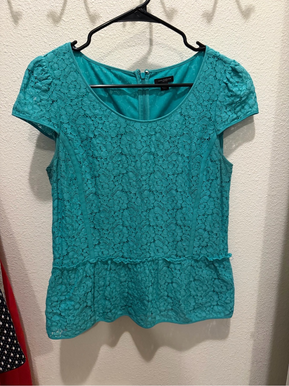 Ann Taylor Teal Lace Peplum Top with Cap Sleeves